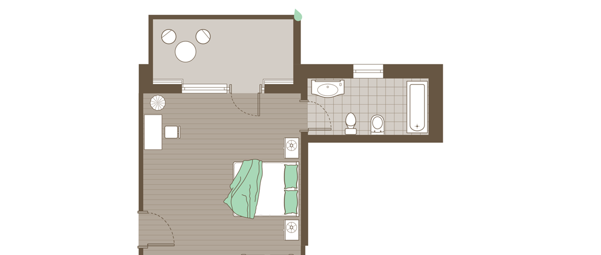 Room plan of the Nature Room for 3 peoople with bed couch