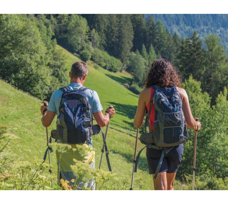 Two hikers with backpacks and hiking poles