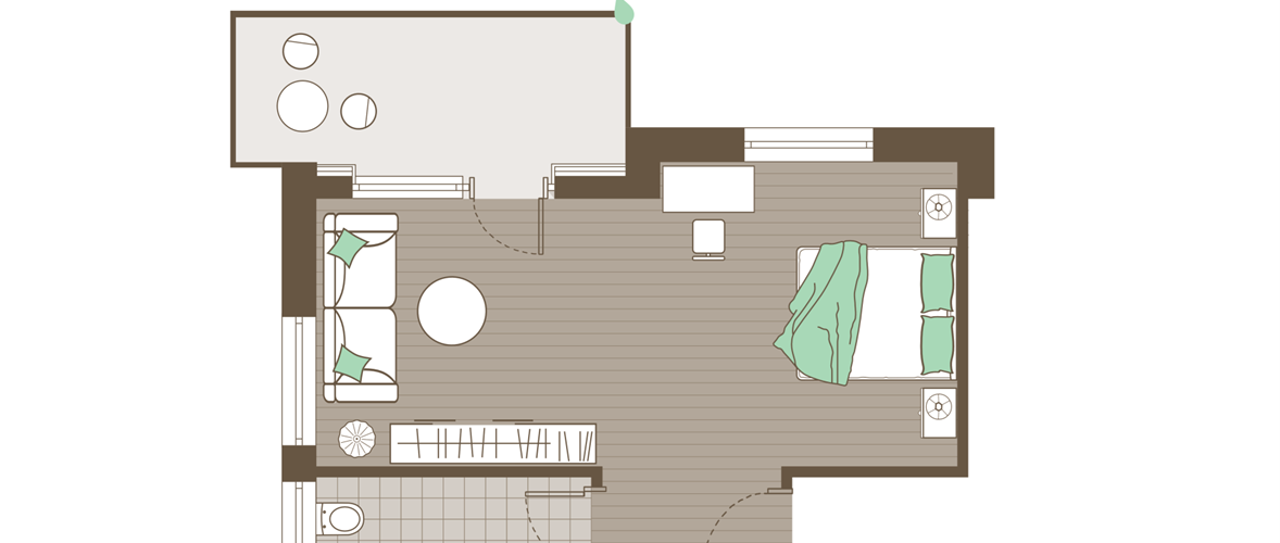 Room plan of the Nature Room for 4 peoople with bed couch