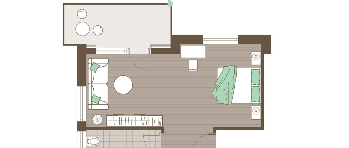Skizze des Naturzimmers für 4 Personen mit Doppelschlafcouch