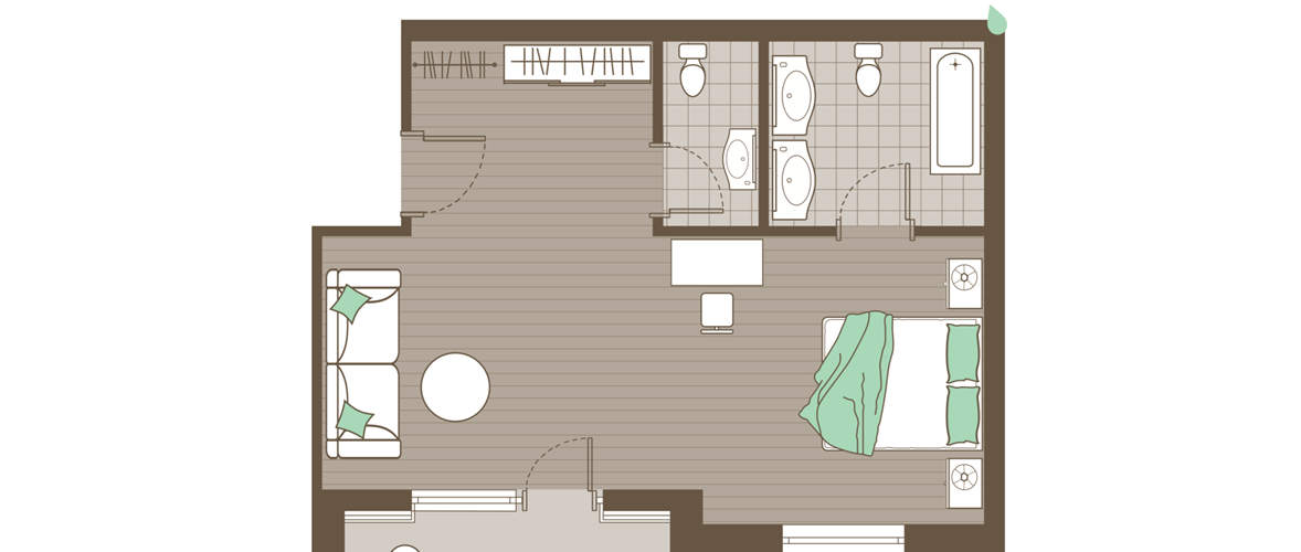Planimetria della camera Natura per 4 persone con divano letto e WC separato
