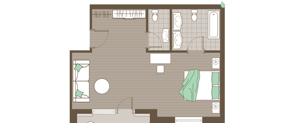 Skizze des Naturzimmers für 4 Personen mit Doppelschlafcouch und getrenntem WC