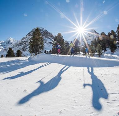 Un gruppo di persone fa sport invernale sotto il sole splendente