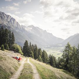 View of an alpine path with a farm trailer on the hillside, surrounded by forests and steep mountains, overlooking the wide green valley below